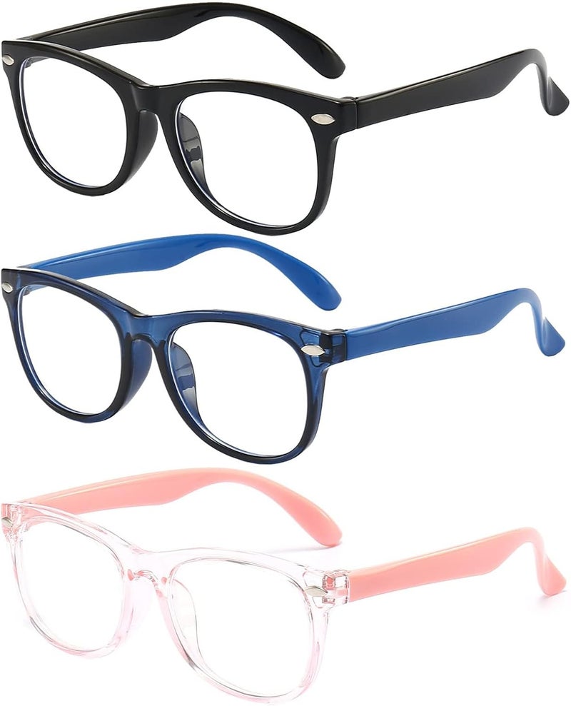 FANNYGO Store Kids Blue Light Blocking Glasses 3 Pack Fanngo Kids Computer Reading Glasses for Boys And Girls Age 3-9 (Black + Dark blue + Light powder) - Image 1